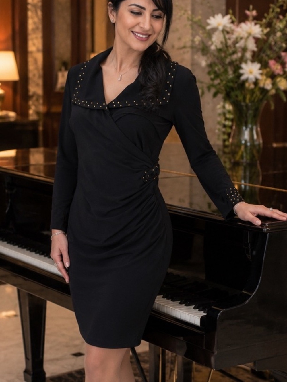 Cache Black wrap dress gold studded metal detail Medium